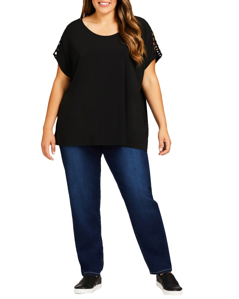 Front of a model wearing a size 0X Melanie Butter Pull On Jean in Dark Wash by avenue. | dia_product_style_image_id:234170